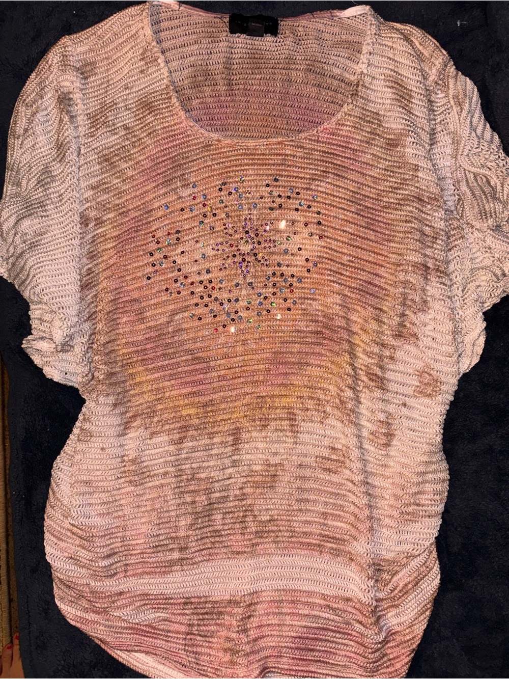 Investments Pink Embellished Open-Knit Scoop Neck Top
